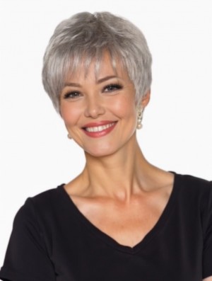 6 Inch Straight Grey Wig – Monofilament Synthetic Short Capless Wigs for Women