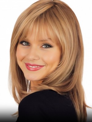Shoulder Length Blonde Straight Human Hair Lace Front Wig – Layered Cut & 100% Hand-Tied Monofilament Top