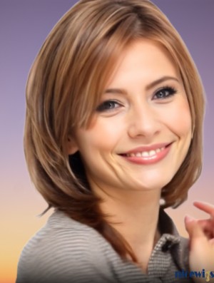 Auburn Human Hair Lace Front Wig with Bangs – 14 Inch Natural Straight Shoulder Length