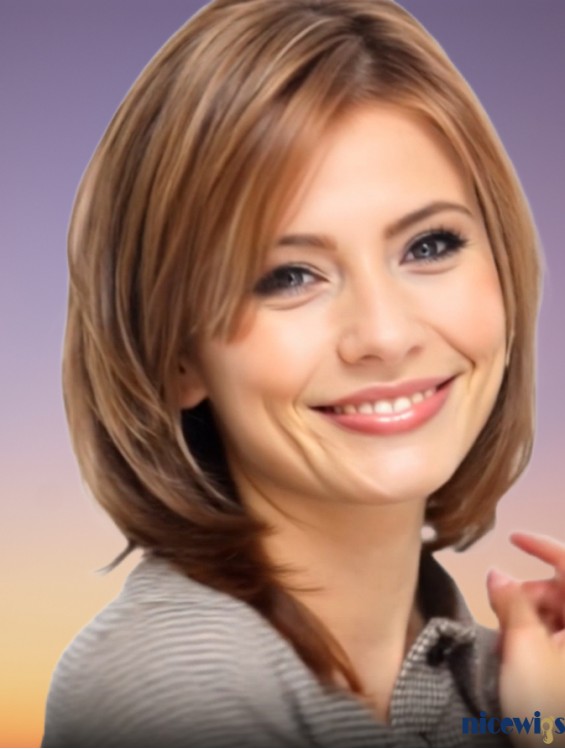 Auburn Human Hair Lace Front Wig with Bangs – 14 Inch Natural Straight Shoulder Length