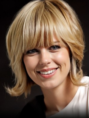 100% Hand-Tied Remy Human Hair Wig with Bangs – 12 Inch Blonde Straight Style