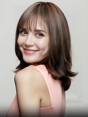 14 Inch Brown Wavy Human Hair Wig With Bangs – Lace Front Mono Top Shoulder Length