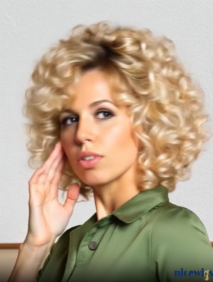 Blonde Chin Length Curly Synthetic Wig with Bangs – Capless Short Wigs for Women