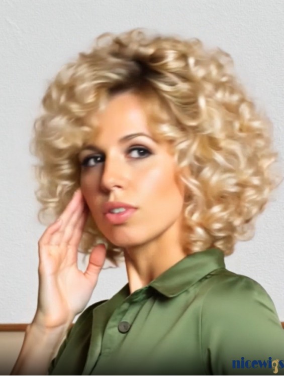 Blonde Chin Length Curly Synthetic Wig with Bangs – Capless Short Wigs for Women