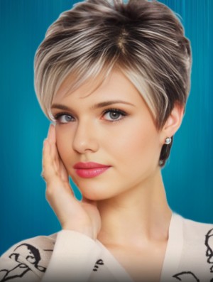 Monofilament Lace Front 5 Inch Grey Wavy Synthetic Wig for Women – Cropped Capless Design