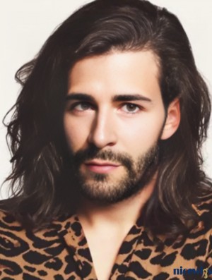 Remy Human Hair Lace Front Wig - Shoulder-Length Wavy Black Men’s Long Wig