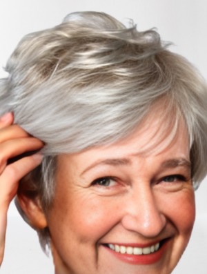Elderly Lady Grey Short Wavy Wig – Heat-Friendly Synthetic 4" Cap Construction – Secure Fit