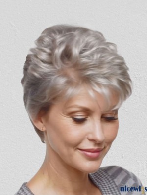 Grey Wavy Synthetic Wig for Elderly Ladies – Short 4" Heat Friendly Hairpiece