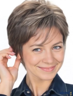 Wigs for Elderly Lady | Cropped Length Grey Wavy Synthetic Boycut Wig