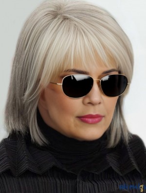 High Quality Grey Straight Chin Length Synthetic Wigs With Capless Design