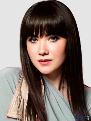 Best 16" Straight Black Synthetic Wig with Bangs - Monofilament Crown Capless Design