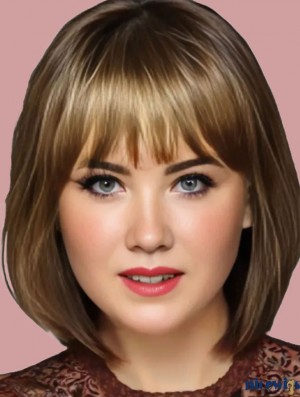 Monofilament Brown Wavy 12 Inch Chin Length Synthetic Wig With Bangs