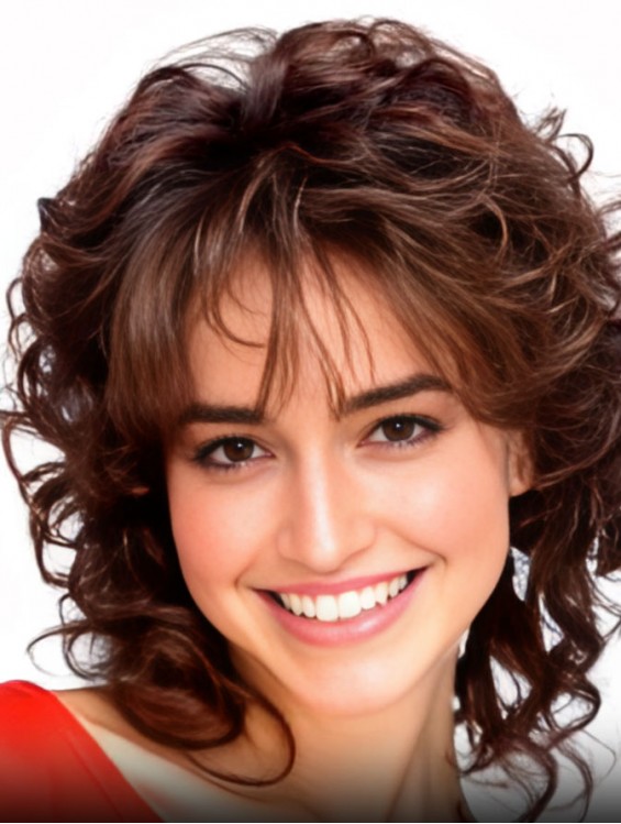 Curly Synthetic Wig with Bangs – Auburn Shoulder Length Heat Resistant Hair