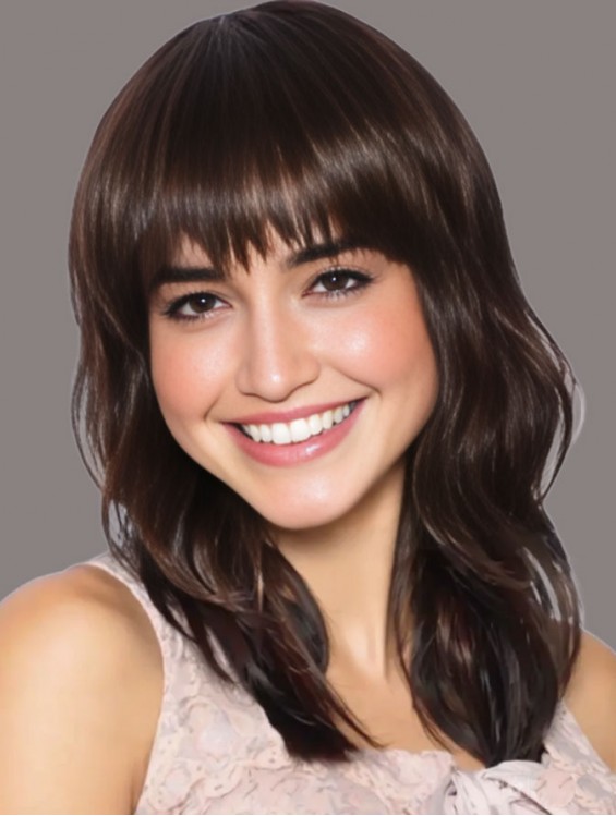 Wavy Brown Synthetic Wig with Bangs – 14 Inch Medium Length Capless Wig for Women