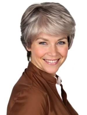 6 Inch Short Straight Grey Synthetic Wig – Heat Friendly Capless Style for Women
